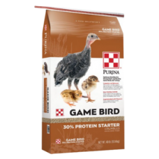 Purina Game Bird 30% Protein Starter. Tan poultry feed bag.