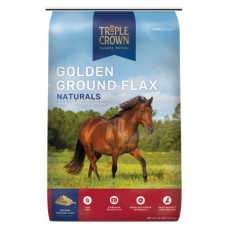 Triple Crown Naturals Golden Ground Flax. Tan equine feed bag. White horse.