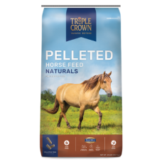 Triple Crown Naturals Pelleted Horse Feed. Tan equine feed bag.
