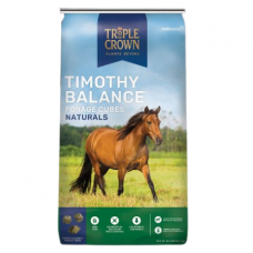 Triple Crown Naturals Timothy Balance Cubes. Tan horse feed bag. White horse.
