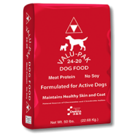 Valu-Pak 24-20 Active Formula Healthy Skin and Coat Dry Dog Food. Red and white dog food bag.