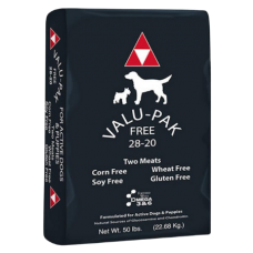 Valu-Pak Tops 28-20 Dry Adult Dog Food. Black and white pet food bag.