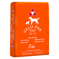 Valu-Pak Tops 22-12 Dry Adult Dog Food. Orange pet food bag.