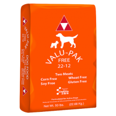 Valu-Pak Tops 22-12 Dry Adult Dog Food. Orange pet food bag.